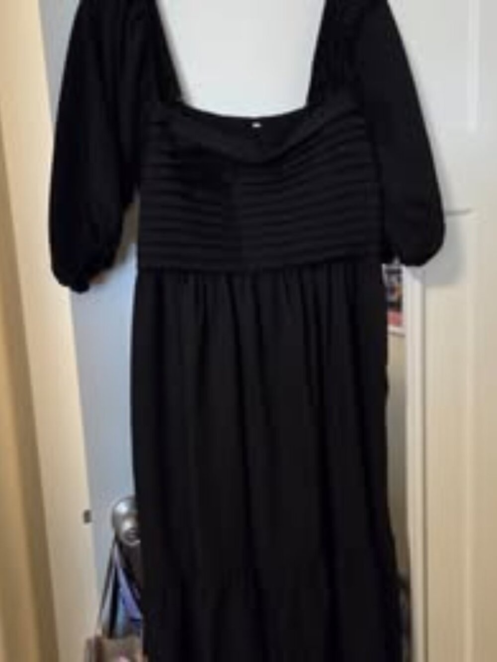 A&F Inspired Sq Neck Half Puff Sleeve High Waist A-Line Midi Pockets w/elastic b